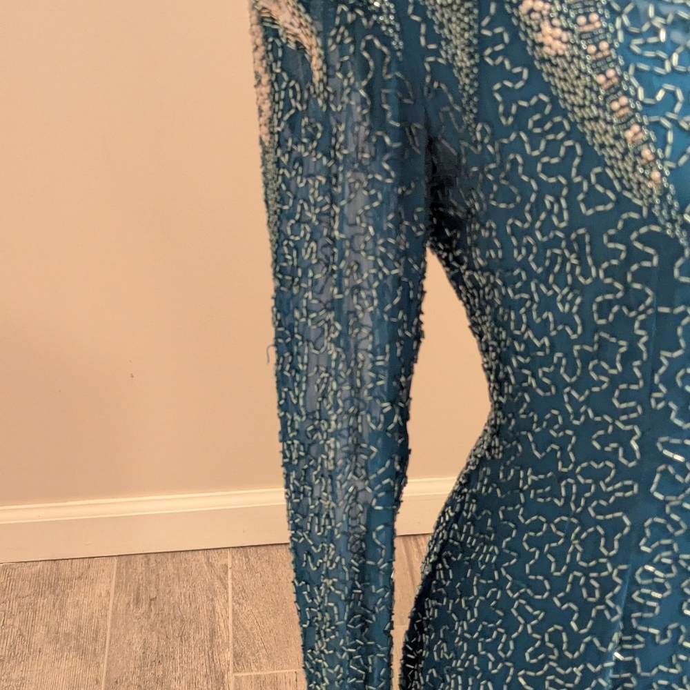 AJ Bari VTG Silk Blue Sequin Beaded Dress 10 - Picture 3 of 10